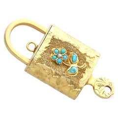 Antique 0.20Ct Turquoise and Pearl 9k Yellow Gold Padlock/Bracelet Clasp