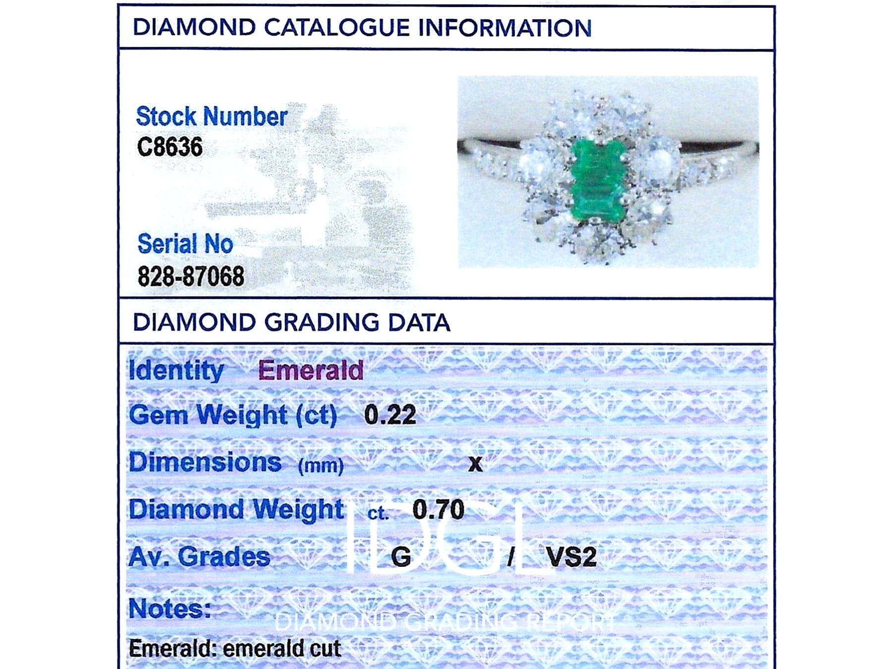 Antique 0.22ct Emerald and 0.70ct Diamond, Platinum Ring Circa 1925 For Sale 3