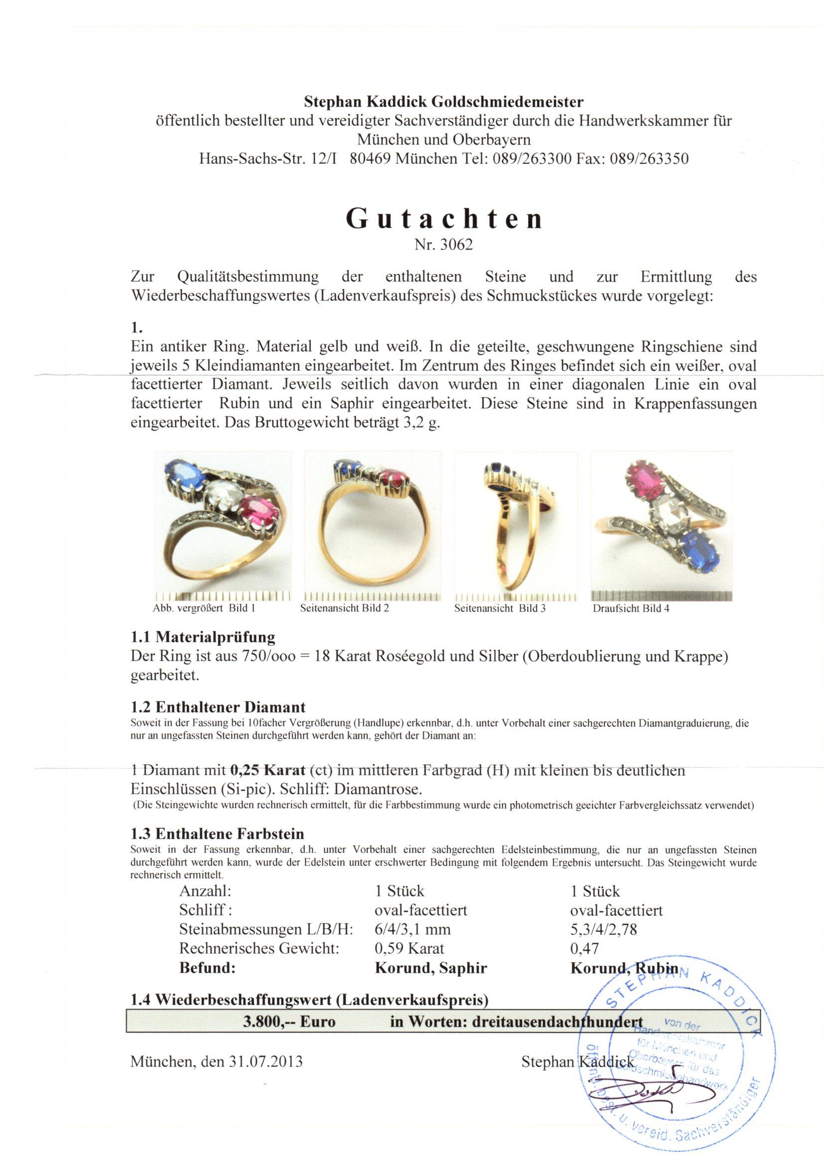 Women's Antique 0.25 Carat Diamond Ruby and Sapphire Three Stone Gold Ring, circa 1890