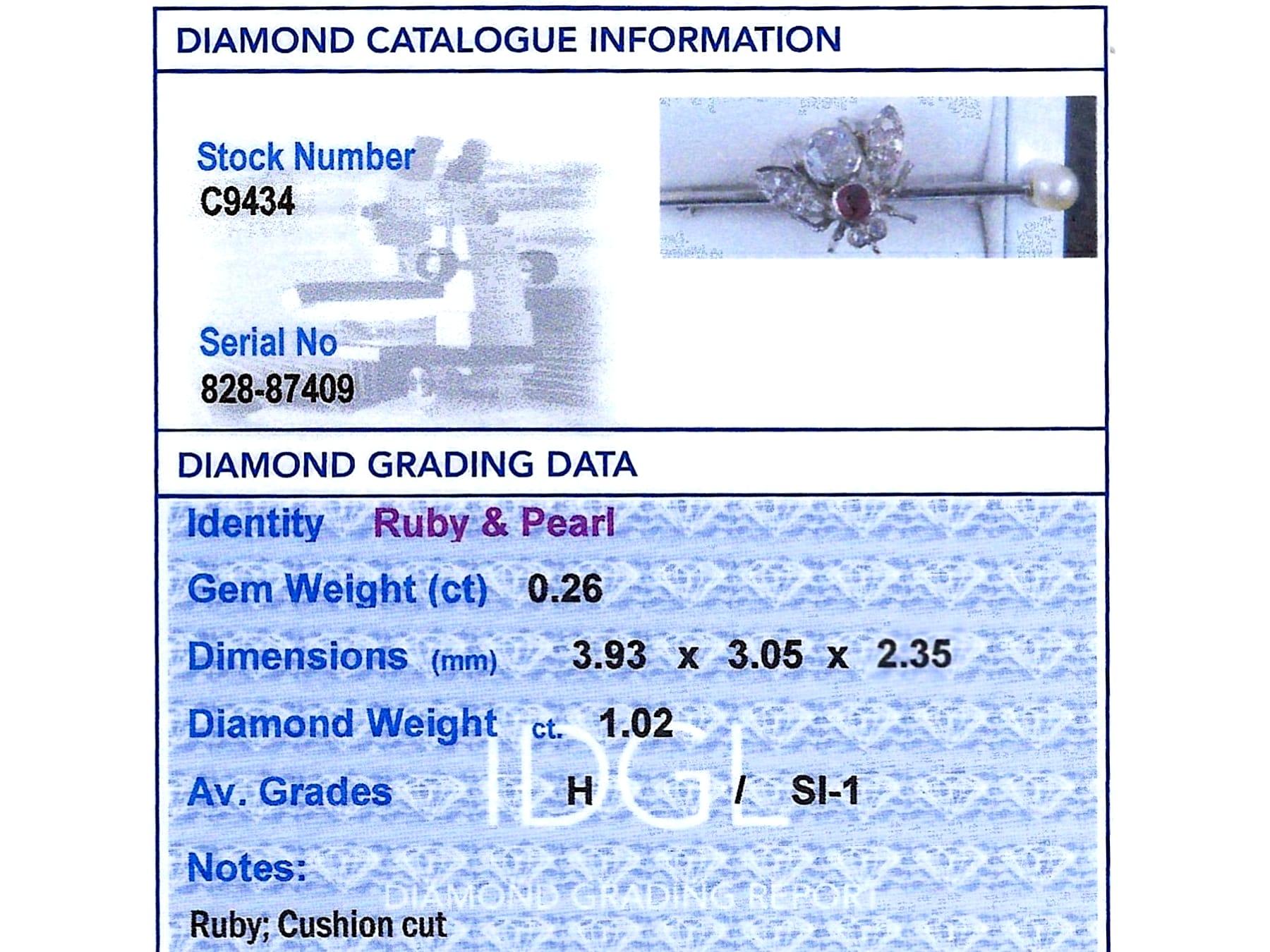 Antico rubino da 0,26 carati, diamante da 1,02 carati, perla d'argento con insetto incastonato, spilla a barretta in vendita 9