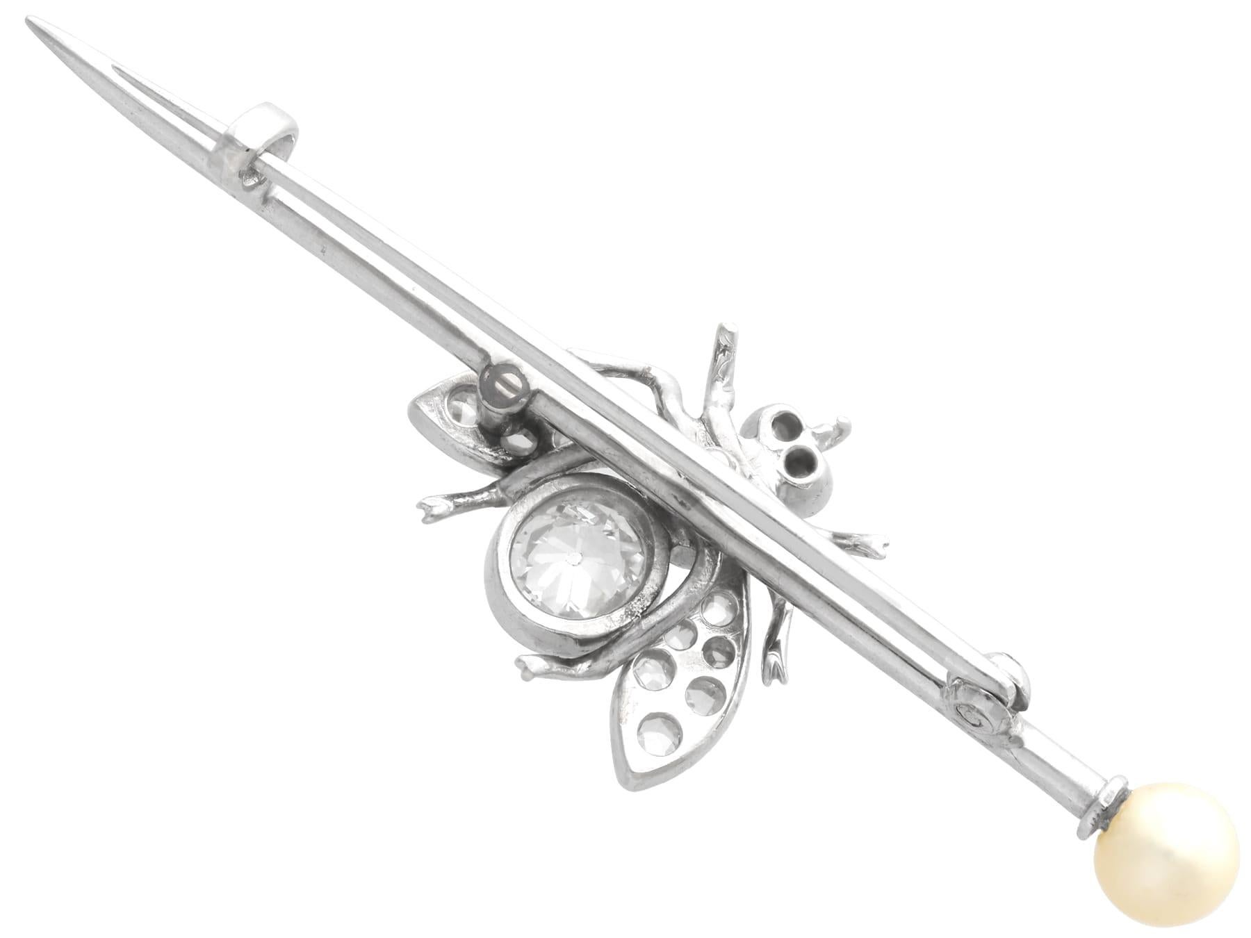 Antico rubino da 0,26 carati, diamante da 1,02 carati, perla d'argento con insetto incastonato, spilla a barretta in vendita 2