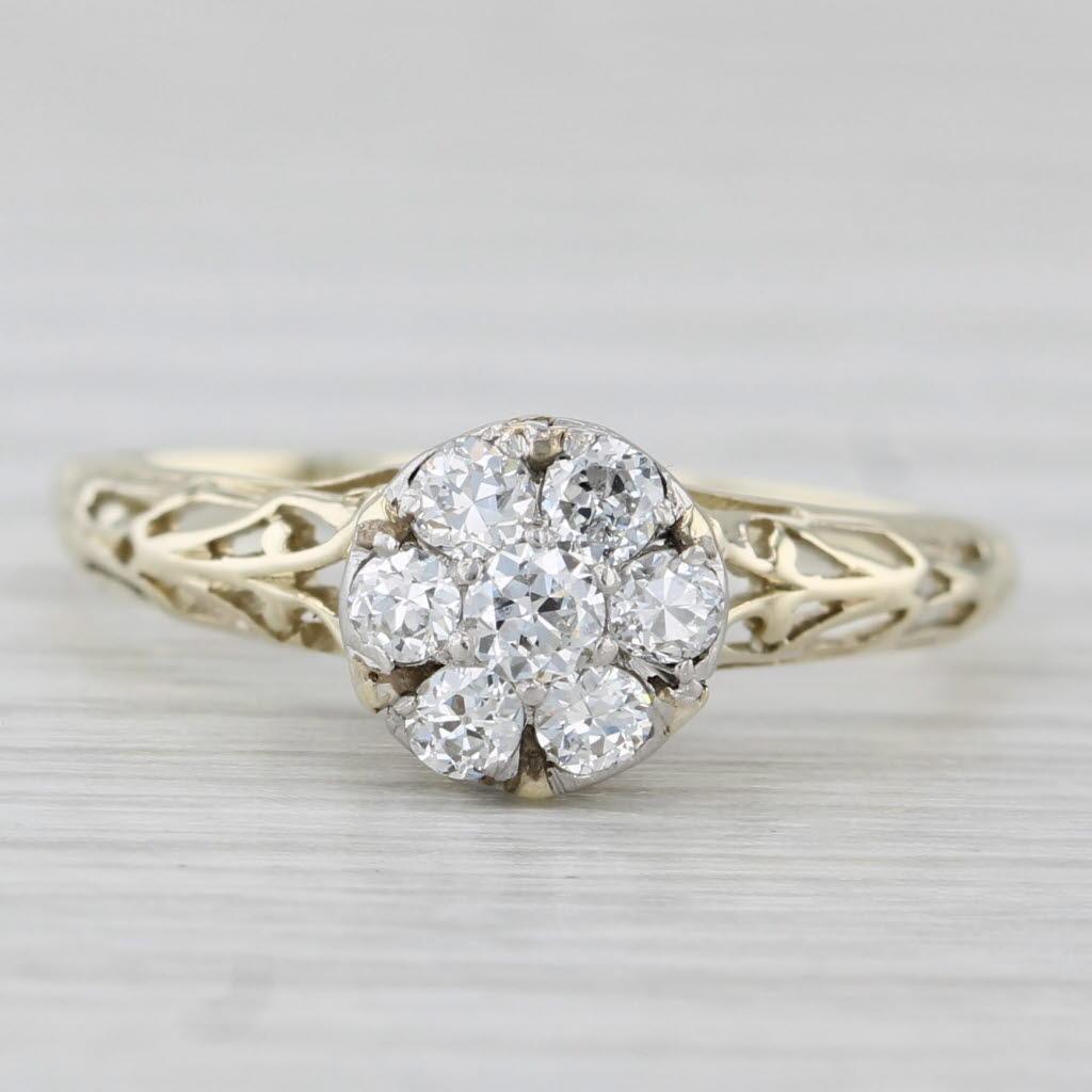 Antique 0.26ctw Diamond Flower Cluster Engagement Ring 14k Yellow Gold Size 7.25 In Good Condition For Sale In McLeansville, NC