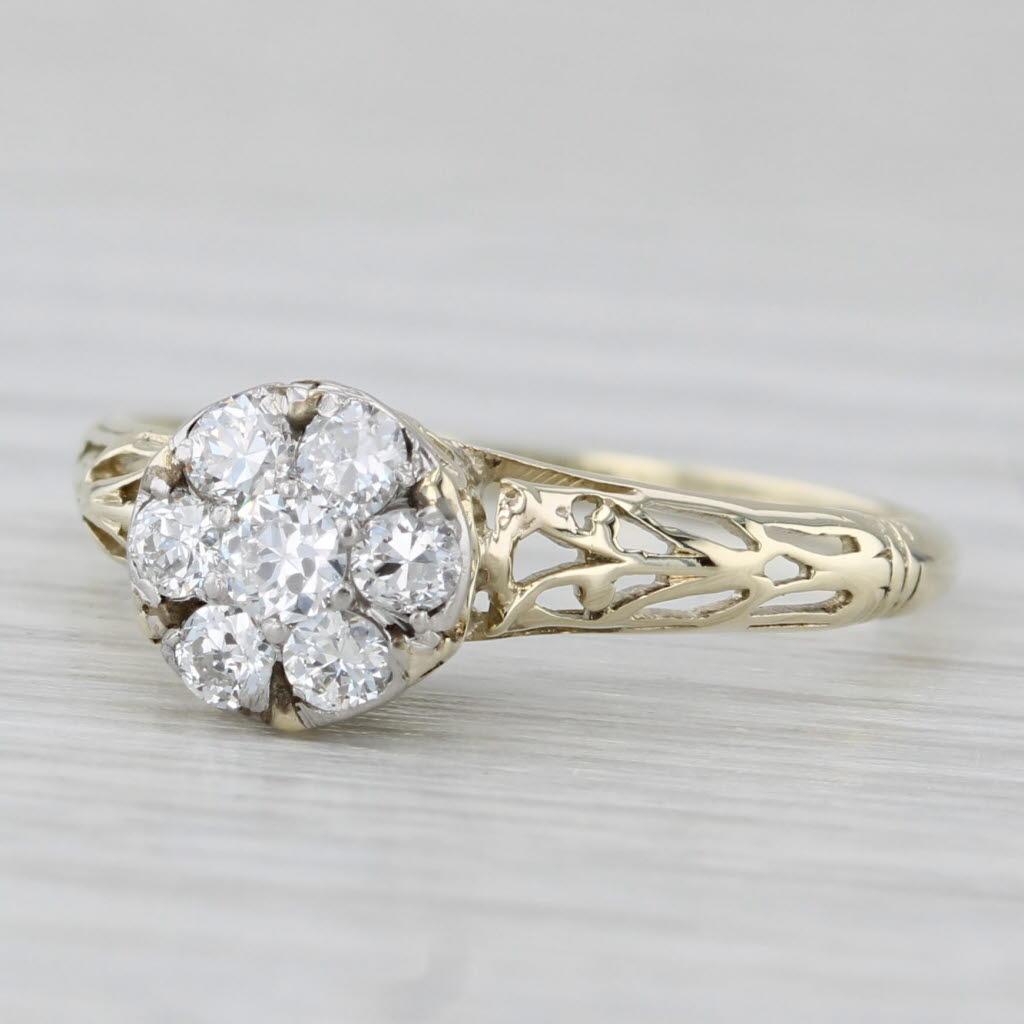Antique 0.26ctw Diamond Flower Cluster Engagement Ring 14k Yellow Gold Size 7.25 For Sale 2