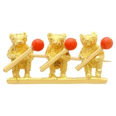 Antique 0.28 Carat Coral and Yellow Gold Teddy Bear Brooch