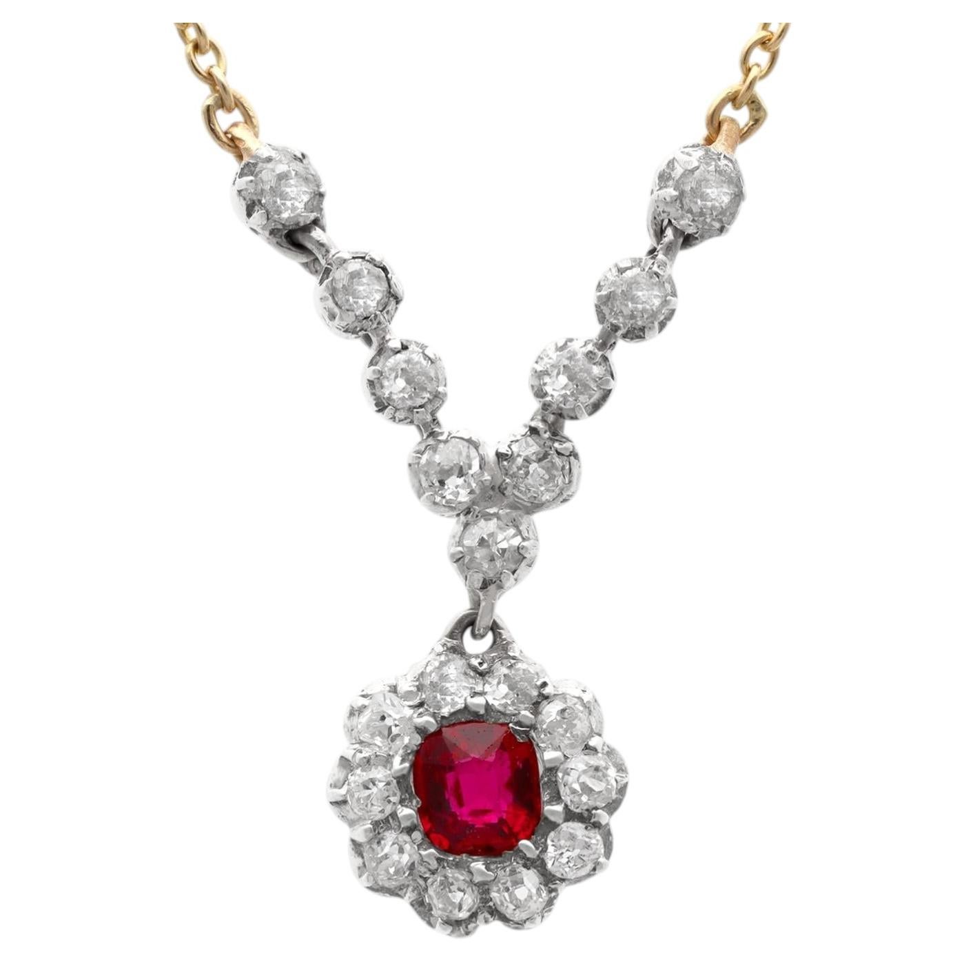 Antique 0.30 Carat Ruby 0.57 Carat Diamond 9k Yellow Gold Pendant Circa 1880
