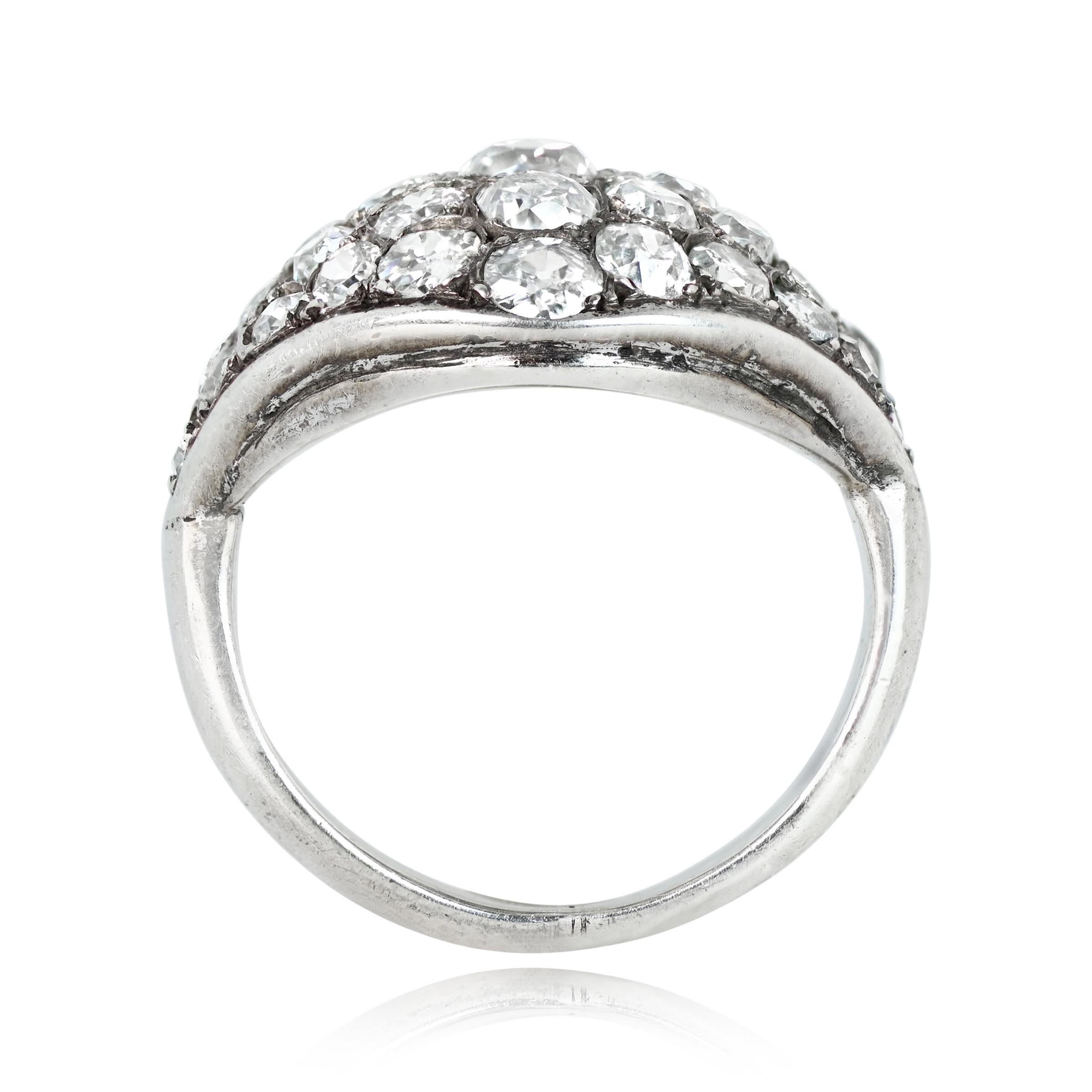 Antique 0.30ct Antique Cushion Cut Diamond Cluster Dome Ring, Silver In Excellent Condition For Sale In New York, NY