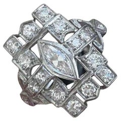 Bague de fiançailles ancienne avec diamant taille marquise de 0,30 carat, couleur I, platine
