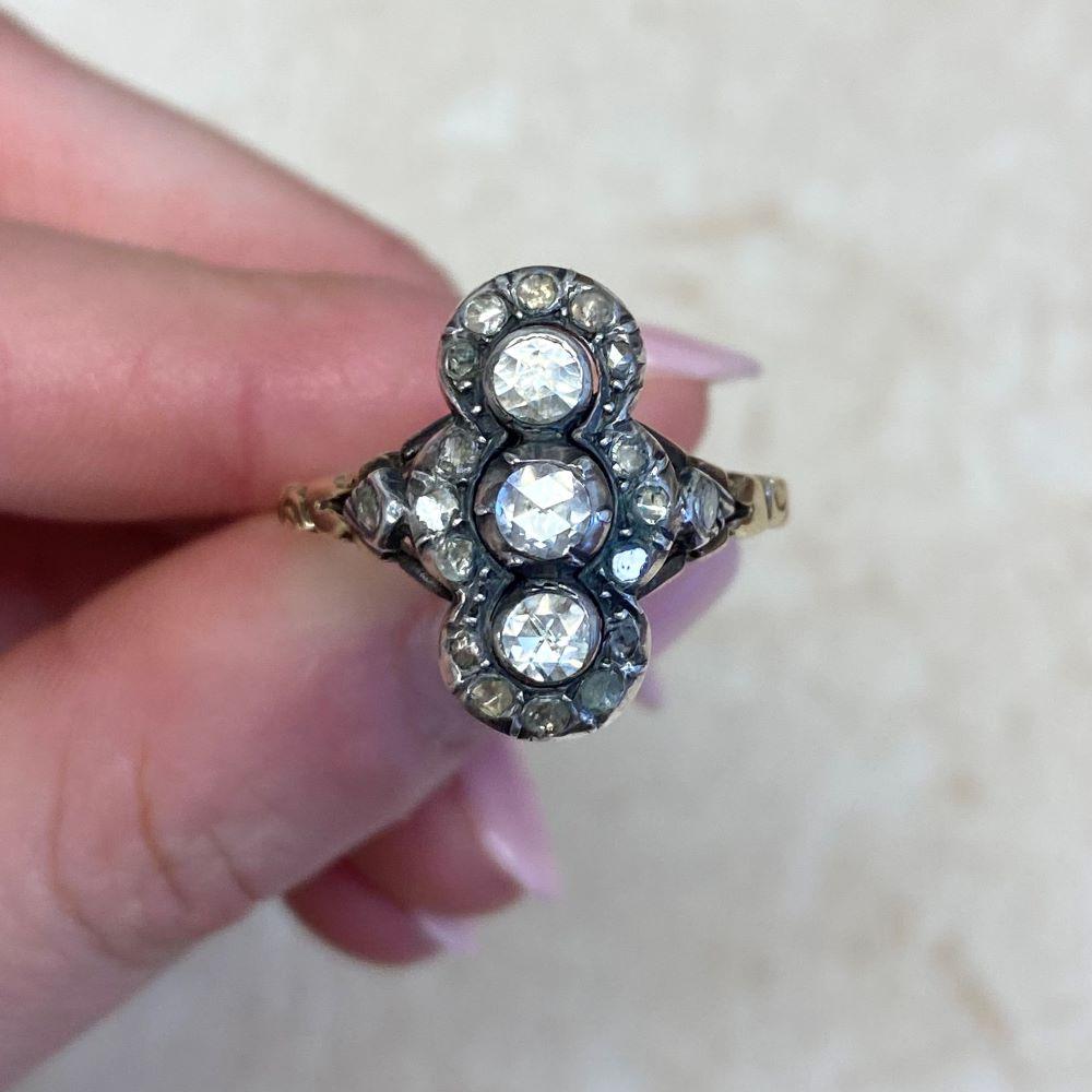 Antique 0.30ct Rose Cut Diamond Cocktail Ring, Diamond Halo, Silver &Yellow Gold For Sale 5