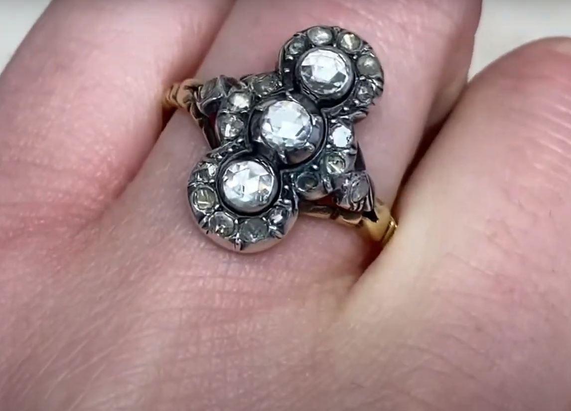 Antique 0.30ct Rose Cut Diamond Cocktail Ring, Diamond Halo, Silver &Yellow Gold For Sale 2