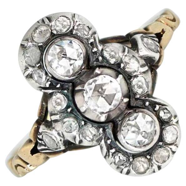 Antique 0.30ct Rose Cut Diamond Cocktail Ring, Diamond Halo, Silver &Yellow Gold For Sale