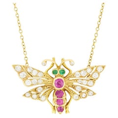 Antique 0.30ct Ruby, Diamond and Emerald Moth Necklace, c.1900s