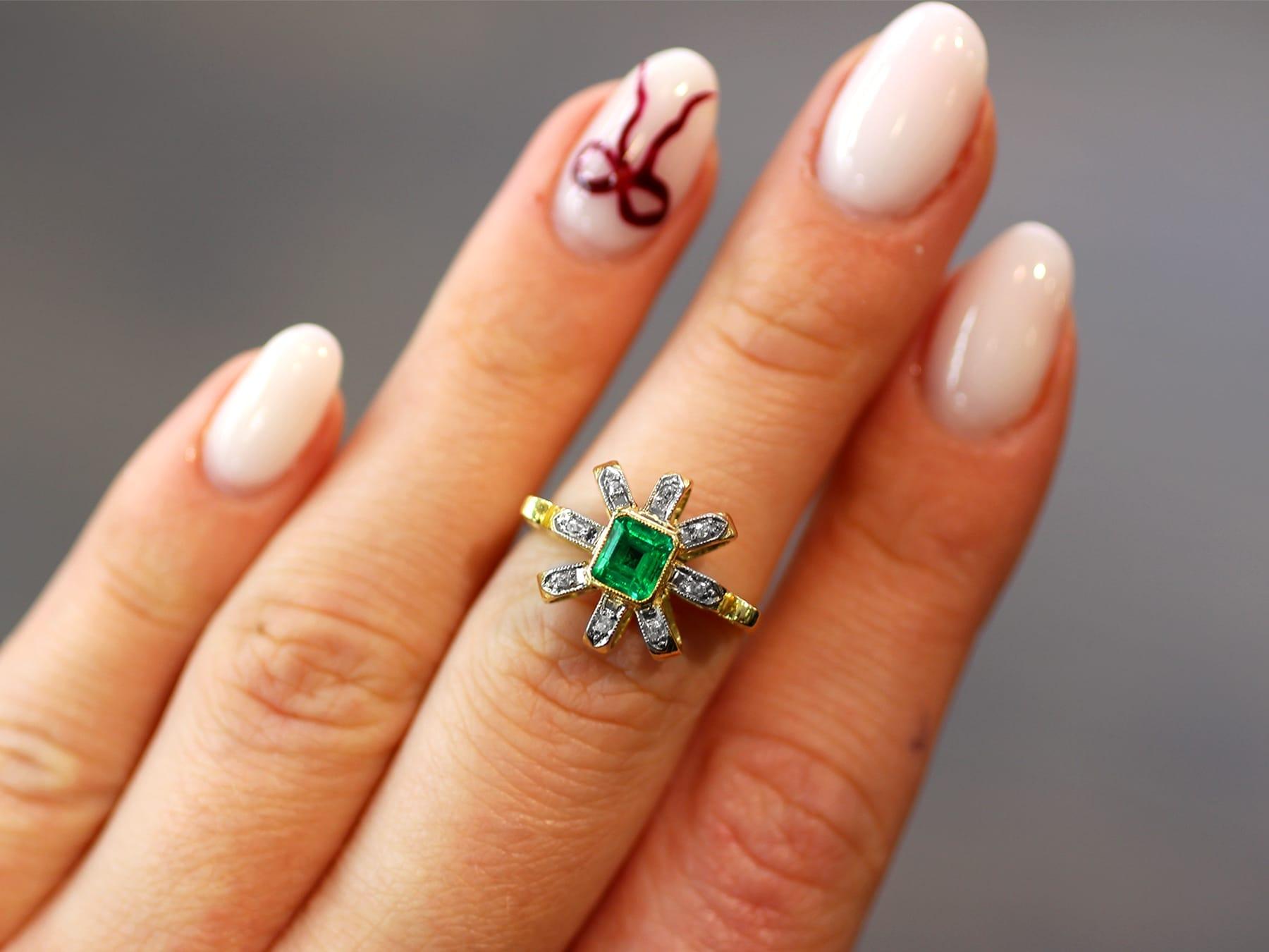 Square Cut Antique 0.32 Carat Emerald and Diamond, 15k Yellow Gold Ring Circa 1925 For Sale