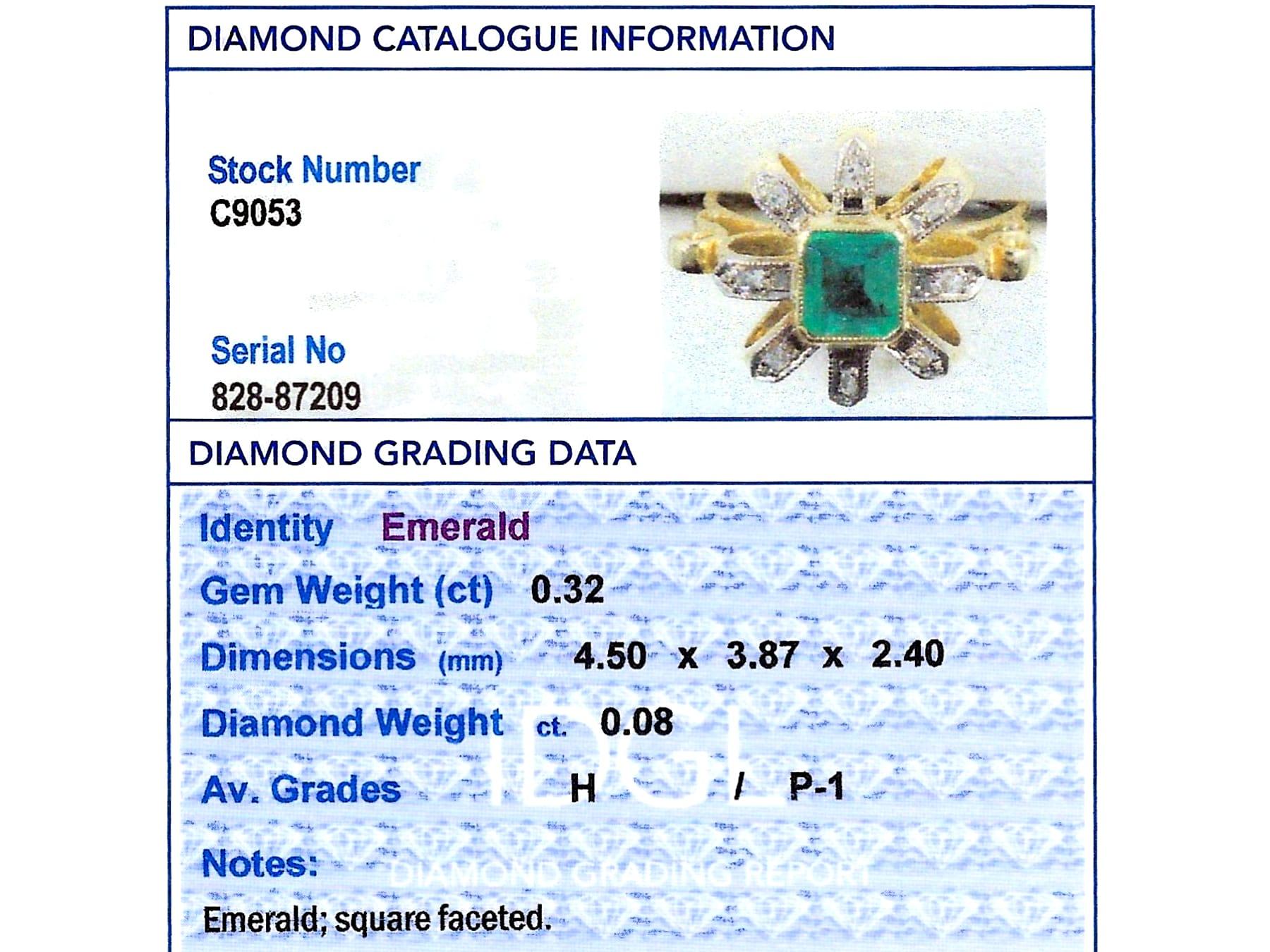 Antique 0.32 Carat Emerald and Diamond, 15k Yellow Gold Ring Circa 1925 For Sale 3