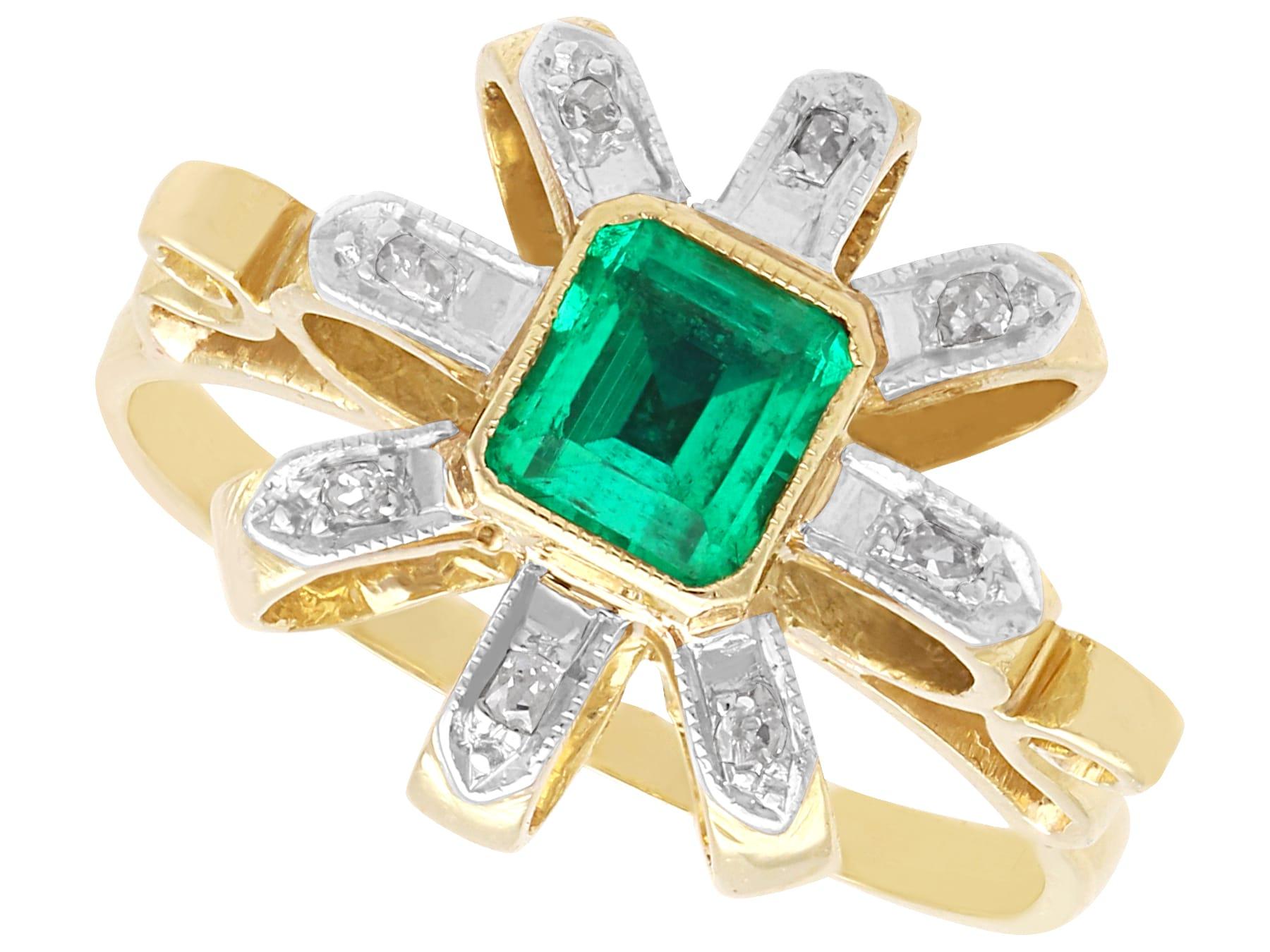 Antique 0.32 Carat Emerald and Diamond, 15k Yellow Gold Ring Circa 1925 For Sale