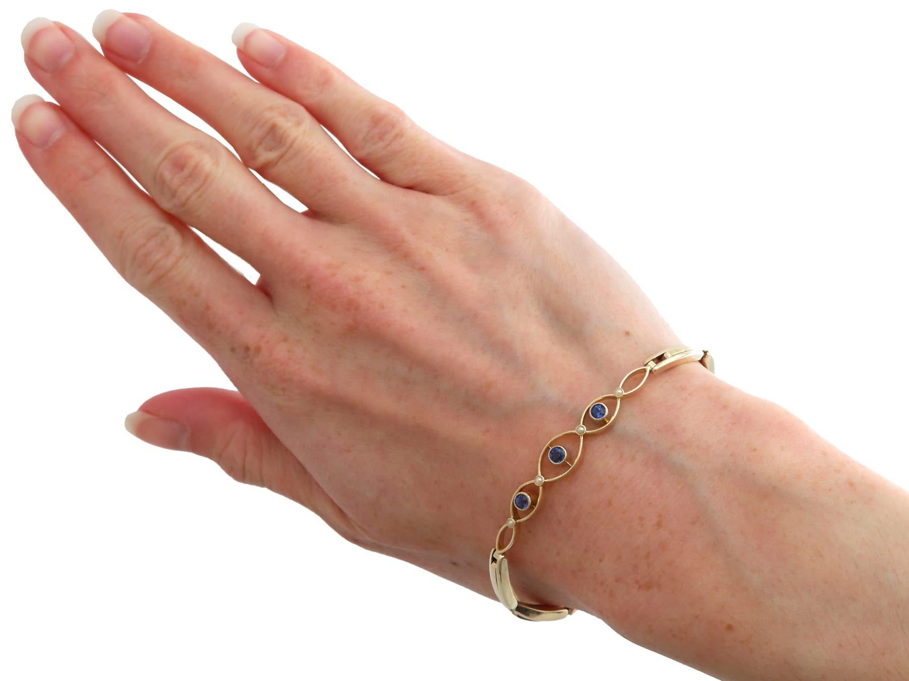 Bracelet ancien en or jaune 9 carats avec saphirs et perles de 0,36 carat, c. 1930 en vente 6