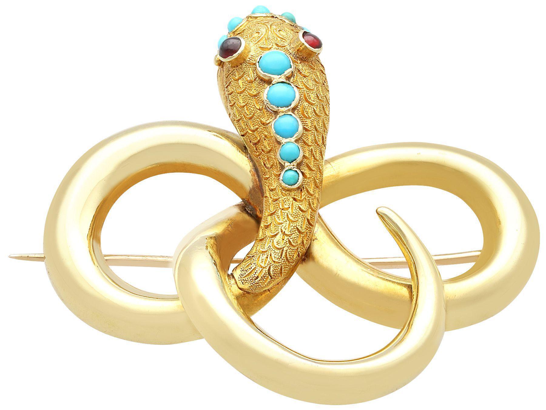 Cabochon Antique 0.37 Carat Turquoise and Garnet Yellow Gold Snake Brooch For Sale