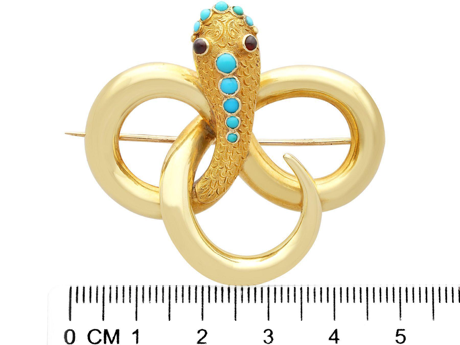 Antique 0.37 Carat Turquoise and Garnet Yellow Gold Snake Brooch For Sale 1