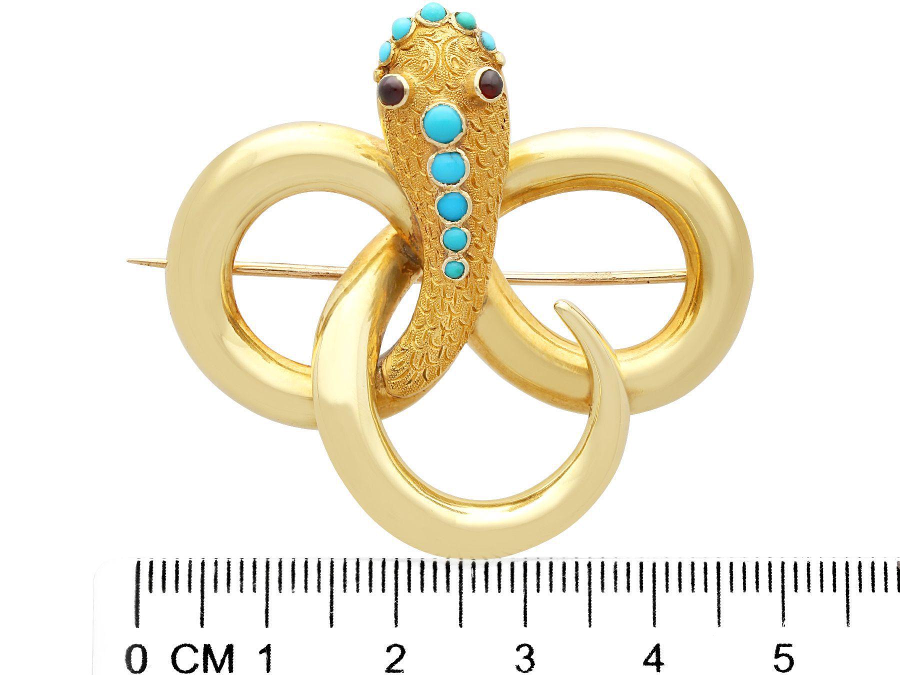 Women's or Men's Antique 0.37 Carat Turquoise and Garnet Yellow Gold Snake Brooch For Sale