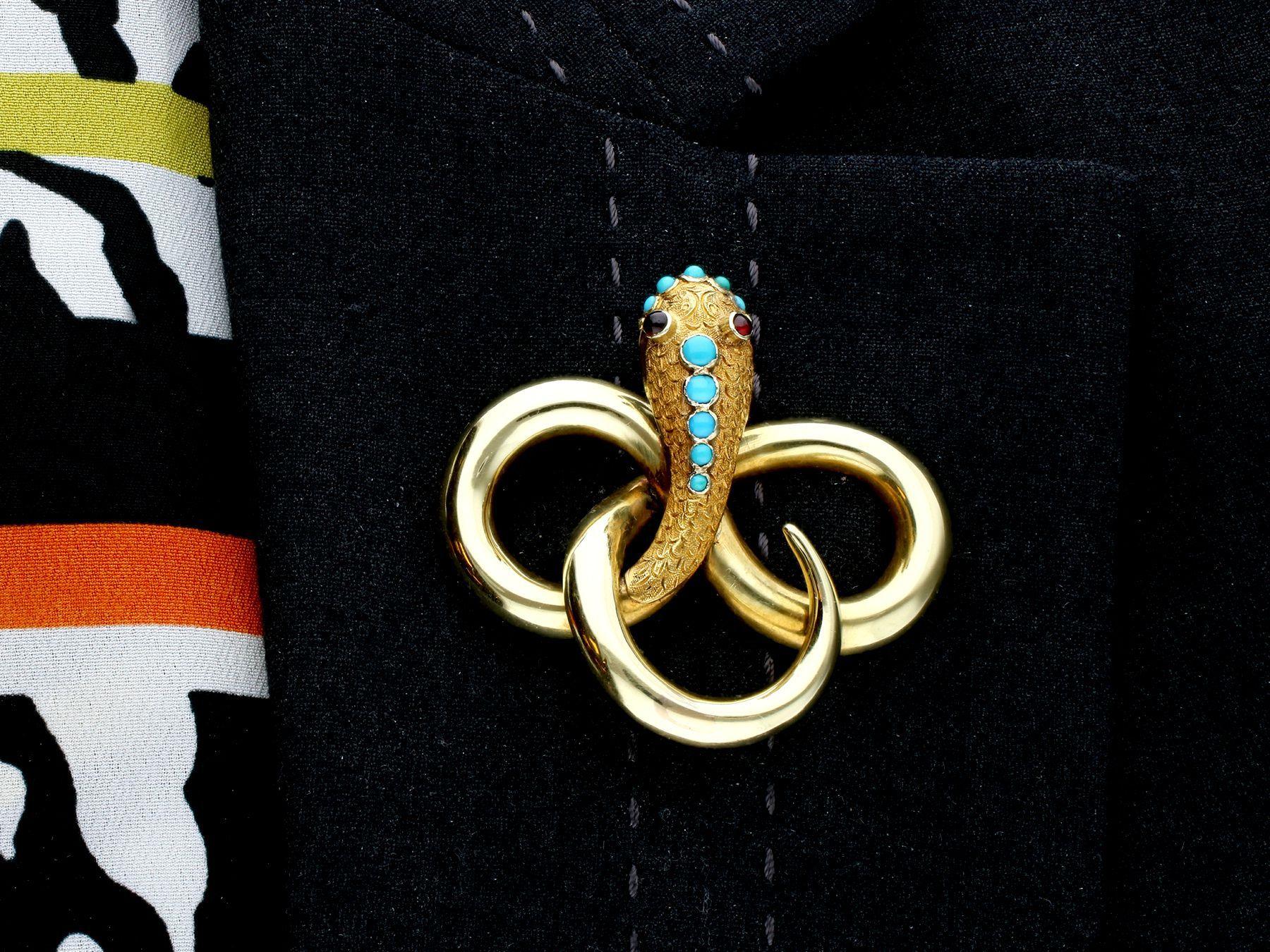 Antique 0.37 Carat Turquoise and Garnet Yellow Gold Snake Brooch For Sale 2