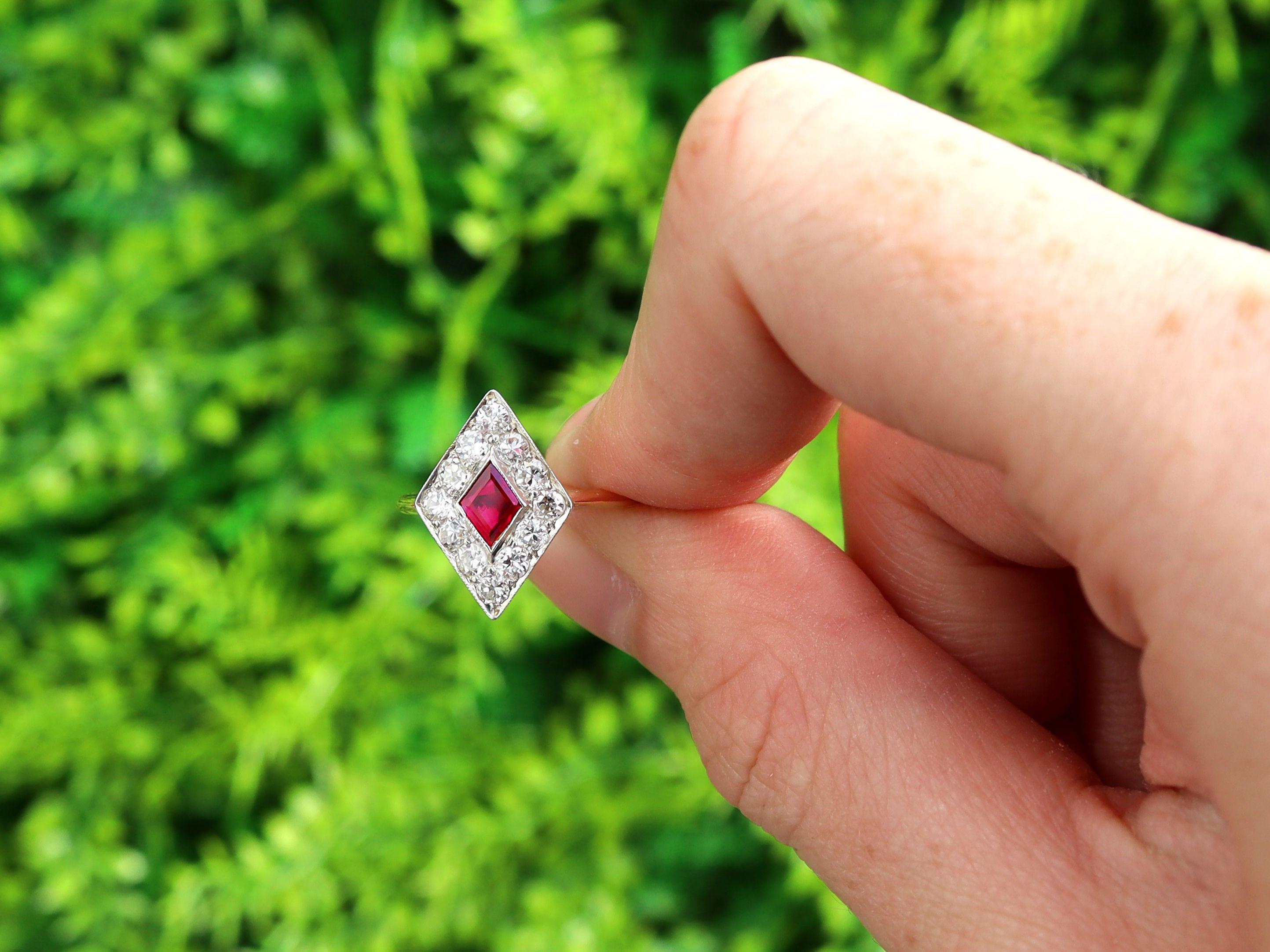 A fine and impressive 0.39 carat ruby and 0.63 carat diamond, 15 karat yellow gold and silver set kite shaped dress ring; part of our diverse antique jewelry and jewelry collections.

This fine and impressive antique ruby and diamond ring has been