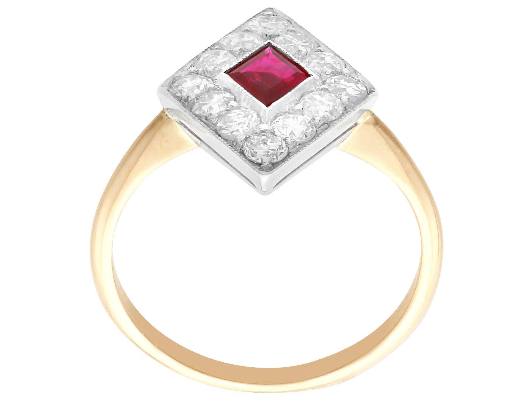 Kite Cut Antique 0.39ct Ruby and 0.63ct Diamond 15k Yellow Gold Dress Ring, circa 1920 For Sale