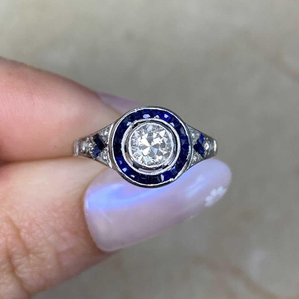 Antique 0.40ct Old European Cut Diamond Engagement Ring, Sapphire Halo, Platinum For Sale 5