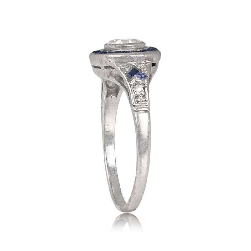 Art Deco Antique 0.40ct Old European Cut Diamond Engagement Ring, Sapphire Halo, Platinum For Sale