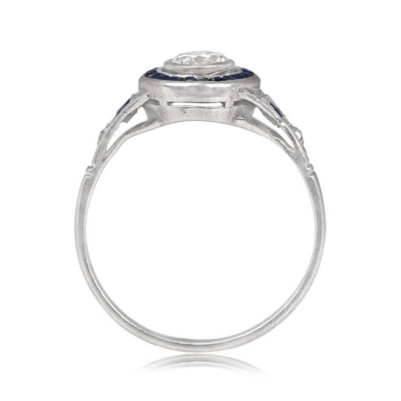 Antique 0.40ct Old European Cut Diamond Engagement Ring, Sapphire Halo, Platinum In Excellent Condition For Sale In New York, NY