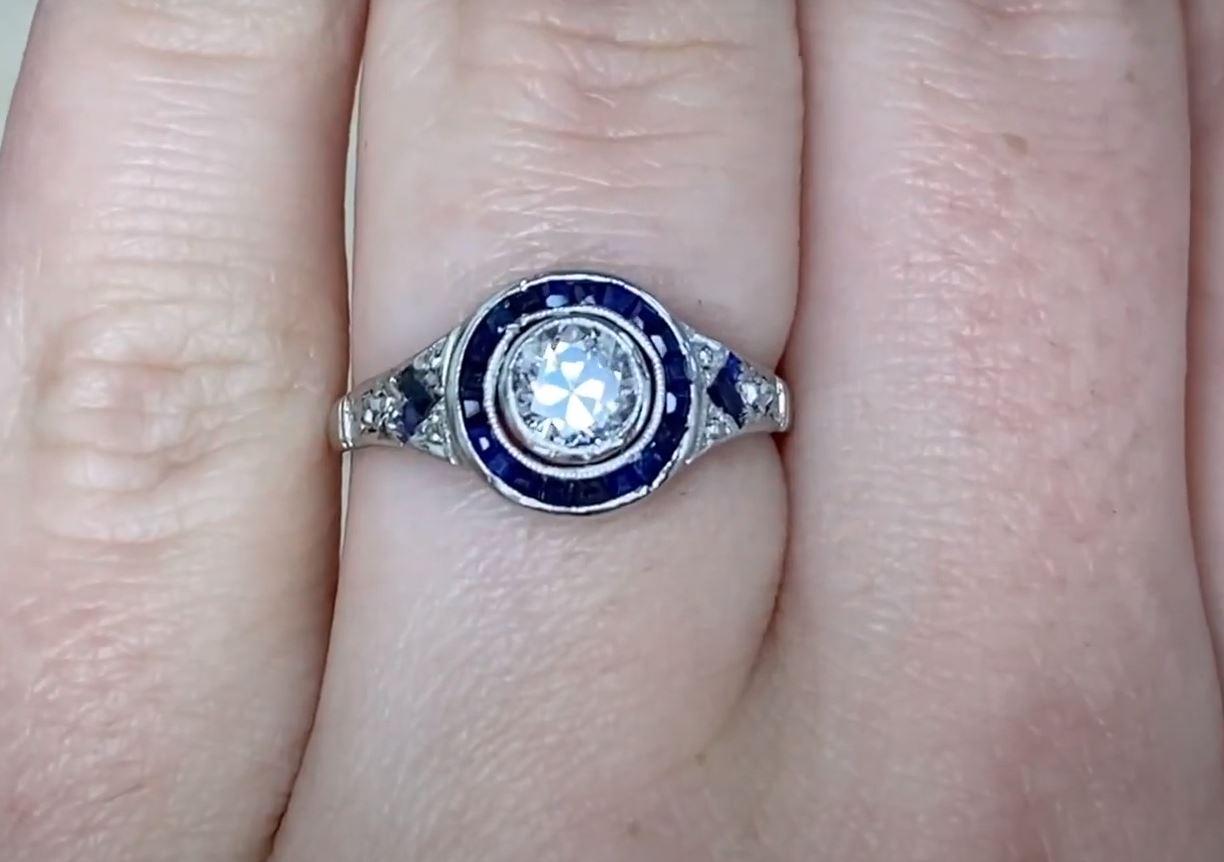 Women's Antique 0.40ct Old European Cut Diamond Engagement Ring, Sapphire Halo, Platinum For Sale