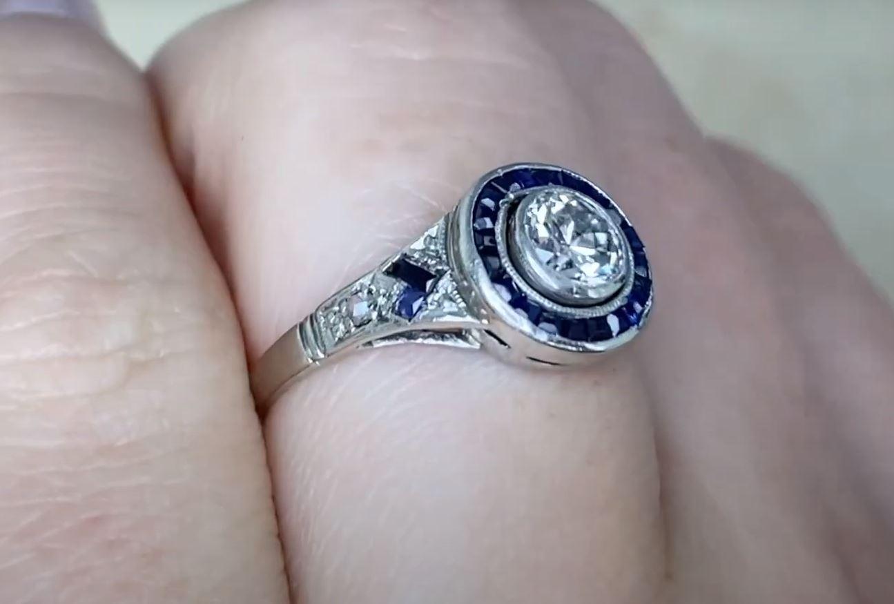 Antique 0.40ct Old European Cut Diamond Engagement Ring, Sapphire Halo, Platinum For Sale 1