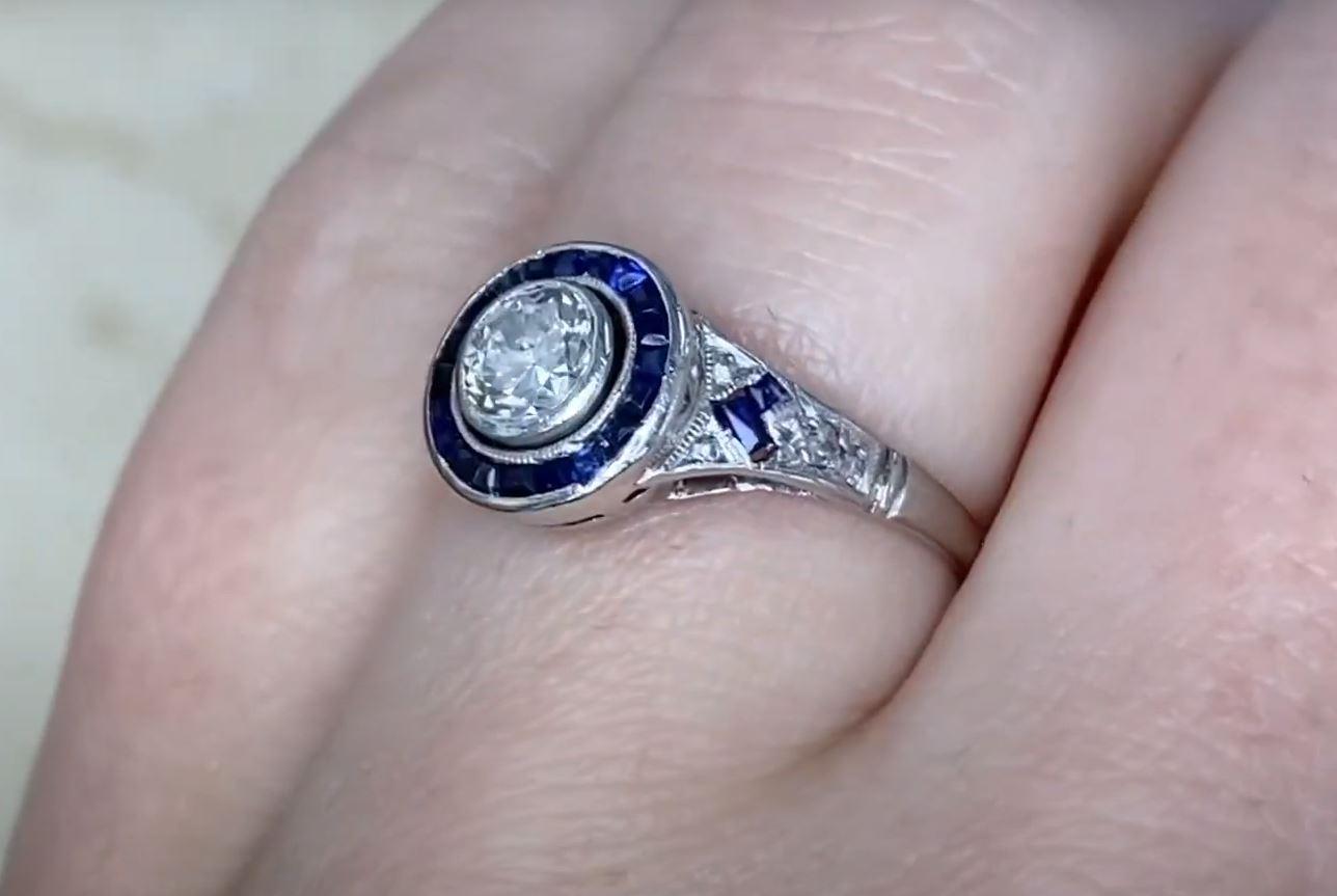Antique 0.40ct Old European Cut Diamond Engagement Ring, Sapphire Halo, Platinum For Sale 2