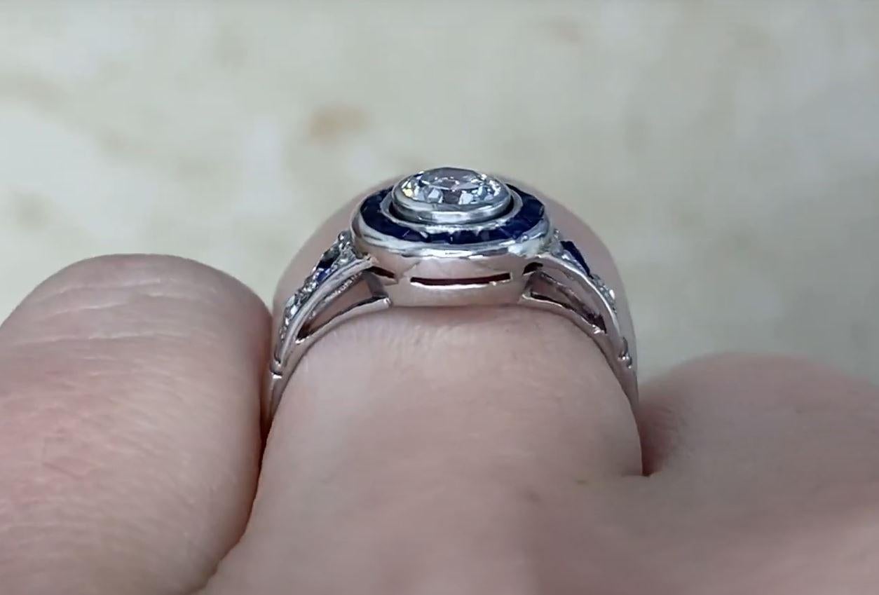 Antique 0.40ct Old European Cut Diamond Engagement Ring, Sapphire Halo, Platinum For Sale 3