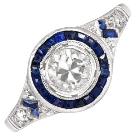Antique 0.40ct Old European Cut Diamond Engagement Ring, Sapphire Halo, Platinum