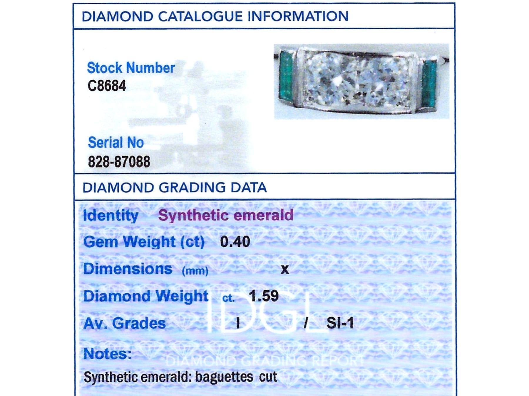 Antique 0.40Ct Synthetic Emerald and 1.59Ct Diamond, 15k White Gold Ring For Sale 6