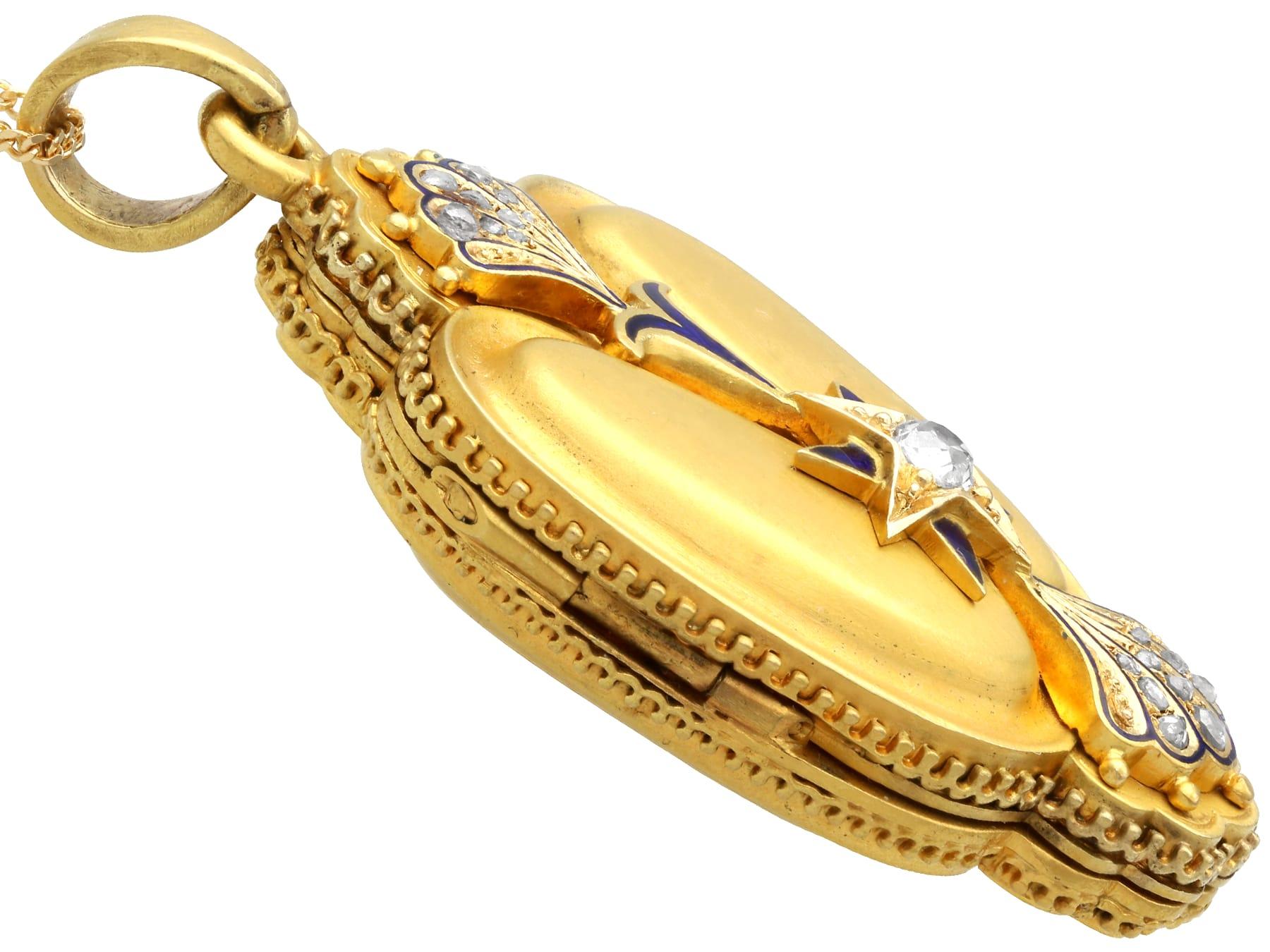 Women's or Men's Antique 0.45 Carat Diamond Enamel and 16K Yellow Gold Locket Pendant For Sale