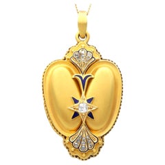 Pendentif médaillon ancien en or jaune 16 carats, émaillé de diamants de 0,45 carat