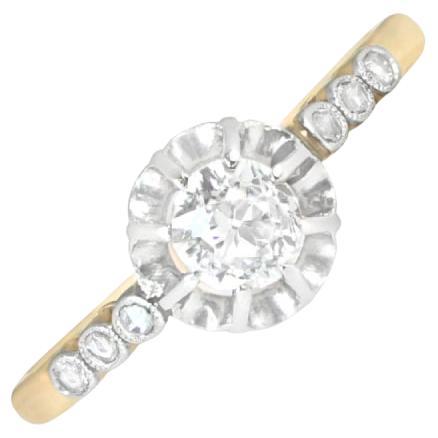 Bague de fiançailles ancienne en or jaune 18 carats avec diamant taille vieille mine de 0,45 carat, couleur G
