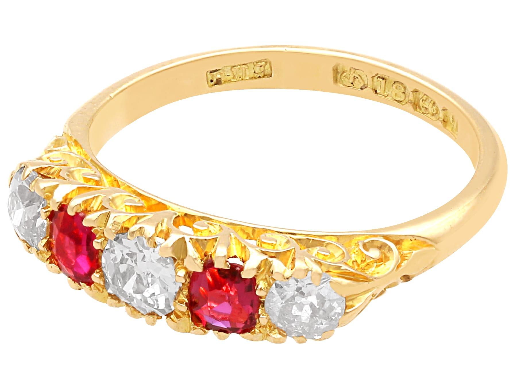 A fine and impressive antique 0.45 carat ruby and 0.60 carat diamond, 18 karat yellow gold five stone ring; part of our antique ruby jewellery collections.

This fine and impressive ruby and diamond ring has been crafted in 18k yellow gold.

The