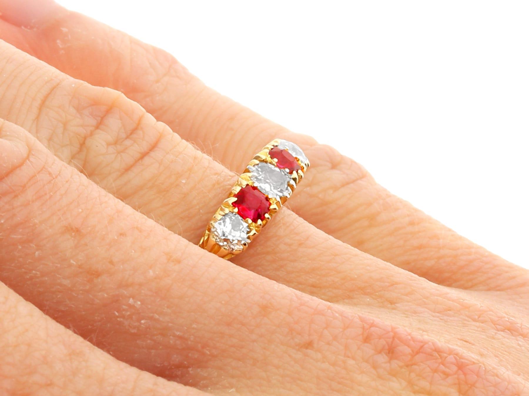 1910s 0.45Ct Ruby 0.60Ct Diamond 18k Yellow Gold Five Stone Ring For Sale 3