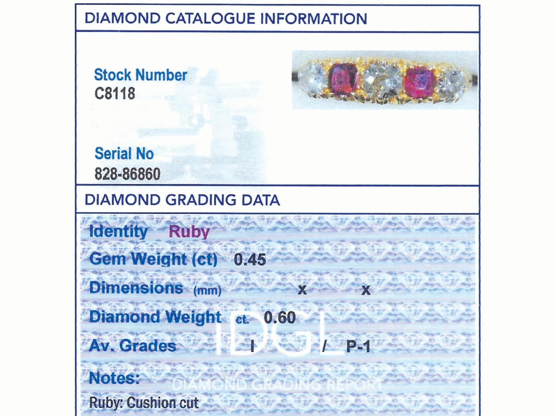 1910s 0.45Ct Ruby 0.60Ct Diamond 18k Yellow Gold Five Stone Ring en vente 1