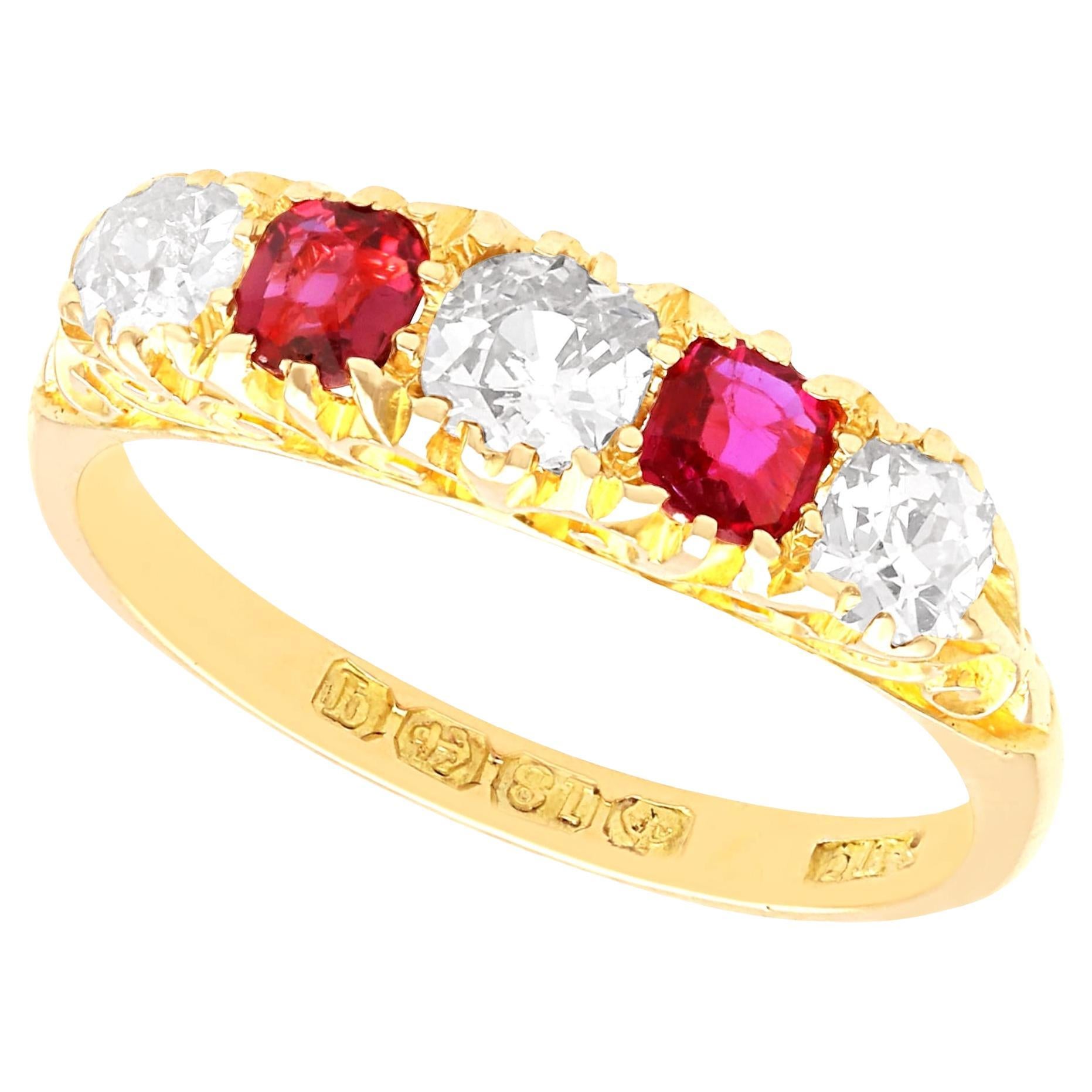 1910s 0.45Ct Ruby 0.60Ct Diamond 18k Yellow Gold Five Stone Ring en vente