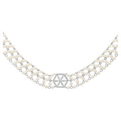Antique 0.49 Carat Diamond and Pearl 18k White Gold Choker Necklace Circa 1930