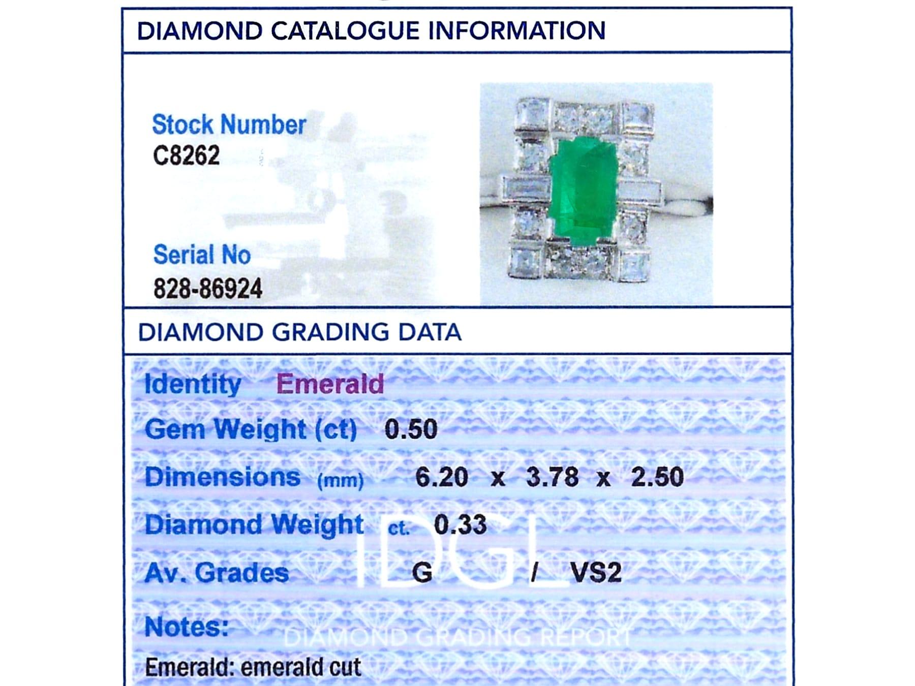 Antique 0.50 Carat Emerald and 0.33 Carat Diamond 18k White Gold Dress Ring For Sale 2