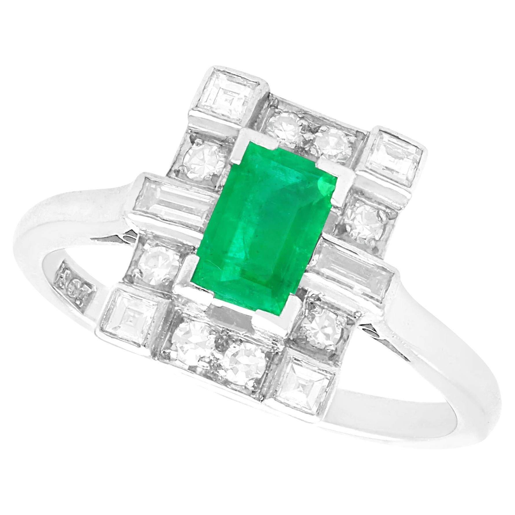 Antique 0.50 Carat Emerald and 0.33 Carat Diamond 18k White Gold Dress Ring For Sale