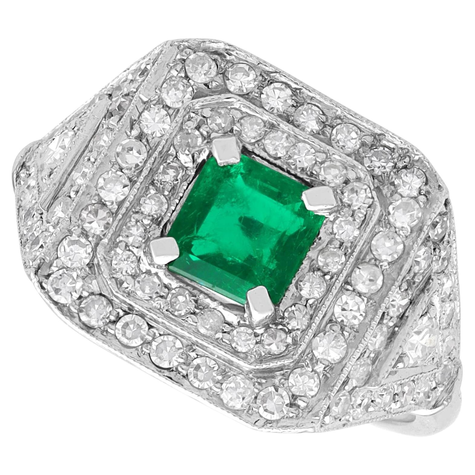 Antique 0.50 Carat Emerald and 0.90 Carat Diamond Platinum Ring Circa 1920 For Sale