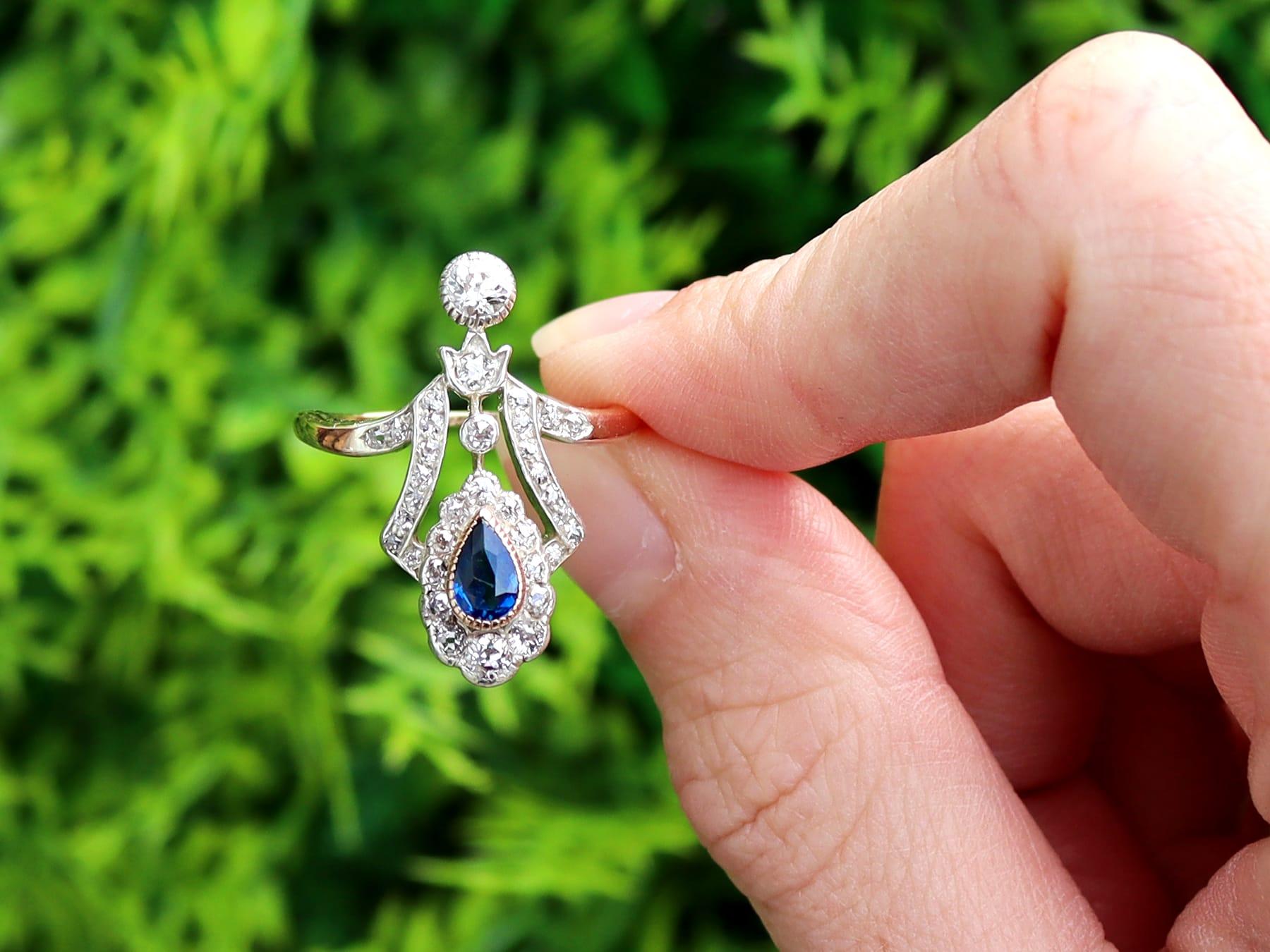 A stunning, fine and impressive antique 0.50 carat sapphire and 0.84 carat diamond, 14 karat rose gold and silver set dress ring; part of our diverse collection of Victorian rings.

The stunning, fine and impressive antique dress ring has been