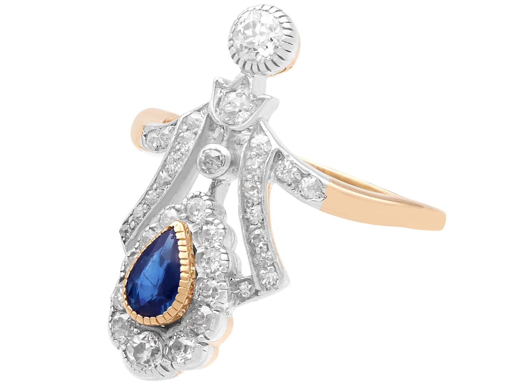 Pear Cut Antique 0.50 Carat Sapphire and 0.84 Carat Diamond 14k Rose Gold Ring Circa 1890 For Sale
