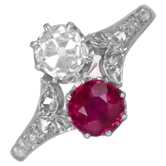 Antique 0.50ct Diamond & 0.60ct Natural Ruby Engagement Ring, 18k Yellow Gold