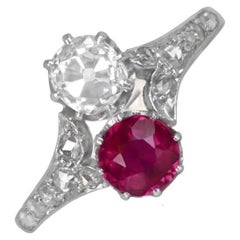 Antique 0.50ct Diamond & 0.60ct Natural Ruby Engagement Ring, 18k Yellow Gold