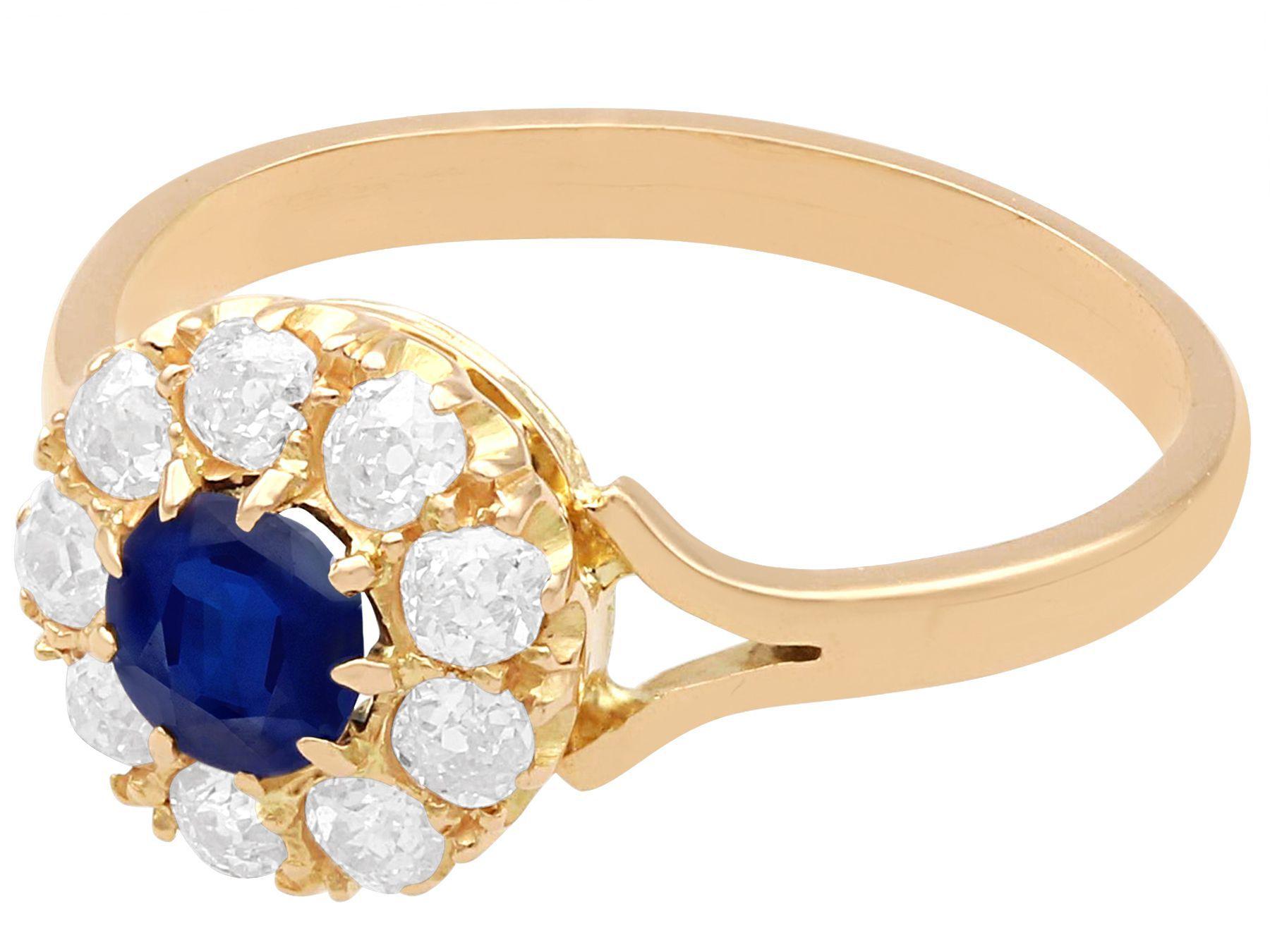 Round Cut Antique 0.51 Carat Sapphire and 0.31 Carat Diamond Rose Gold Cluster Ring For Sale